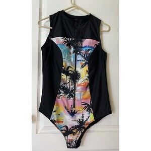 Torrid Swimsuit One Piece Tropical Palm Print zip Front Size 1